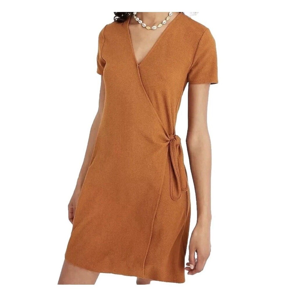 Madewell Women’s Texture And Thread Tie Faux Wrap Mini Dress Large Mustard Spicy